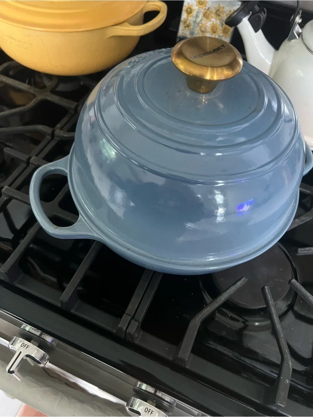 Le Creuset Sky Blue Cast Iron Bread Oven Covered Skillet with Brass Knob
